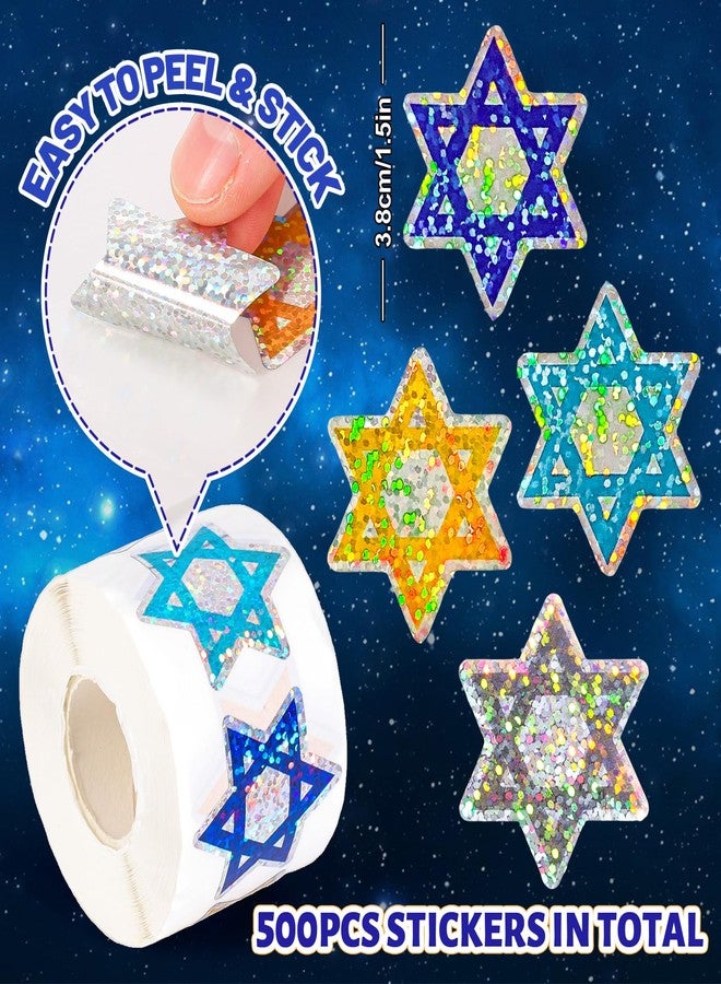 Whaline Hanukkah Stickers Roll Laser Seal Stickers Colored Chanukah Star Waterproof Self-Adhesive Decals for Holiday Envelope Journal Decor, 500 Pcs - Image 2